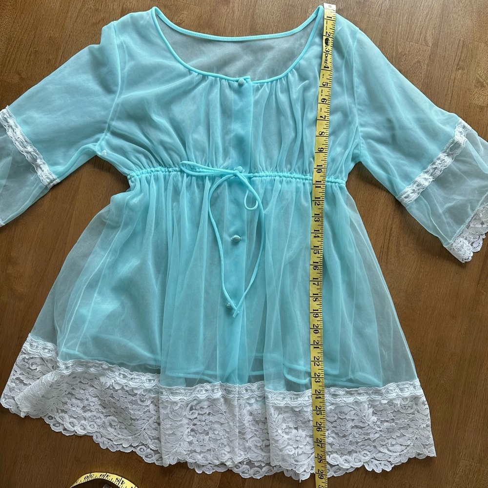 Radcliffe Vintage 60s Babydoll Aqua Blue Nylon Negligee Robe Nightie Set Small - Picture 9 of 12